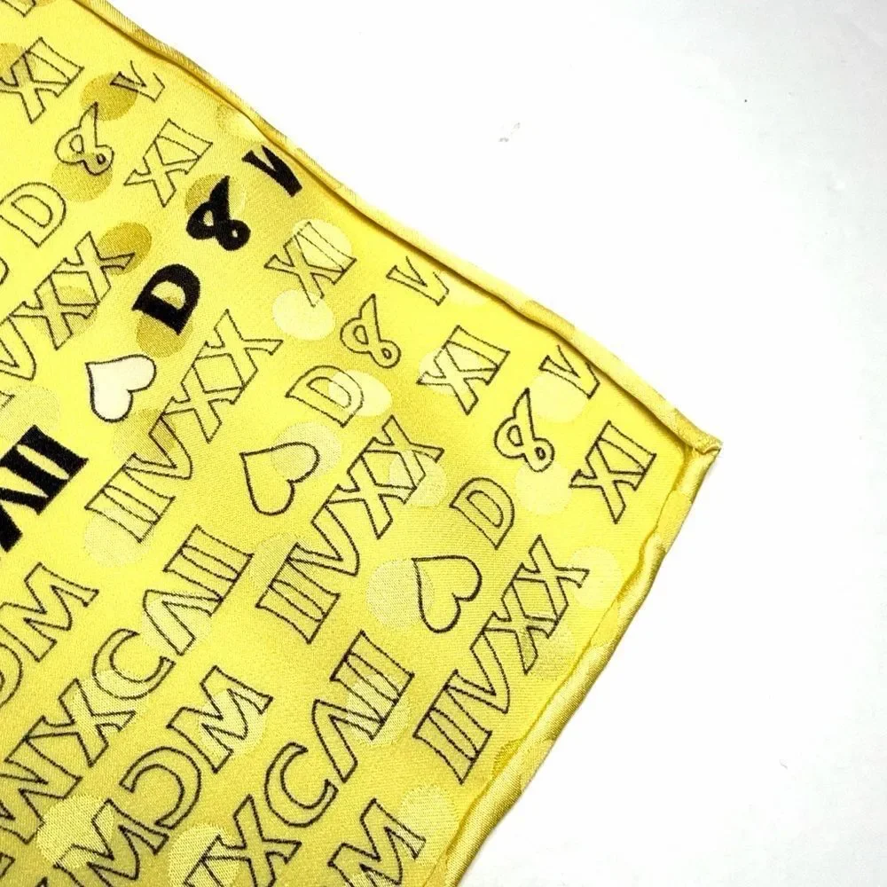 Yellow Silk Satin Scarf Roman Numerals and Initials Print Hand Rolled 34x34